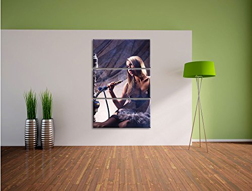 Pixxprint Schöne Frau mit Shisha als Leinwandbild | Größe: 3 Teilig (120x80) | Wandbild| Kunstdruck | fertig bespannt – Bild 5
