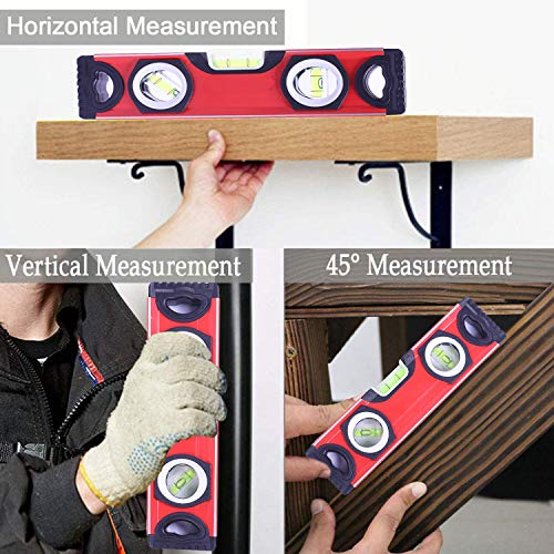 Torpedo Level, Spirit Level 3 Bubble Plumb/Level / 45 Degree Level Degree Torpedo Magnetic Level Bubble Measuring Tool (9inch, Red)