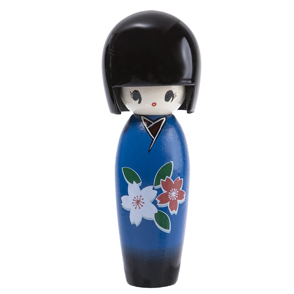 lachineuse - Kokeshi Giapponese Blu 13,5 cm - Bambola giapponese in legno con fiori di ciliegio Kimono - Statuetta decorativa giapponese - Kokeshi Tradizionale Giappone - Idea regalo originale Deco