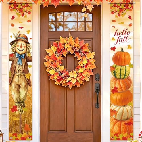 Image of Hello Fall Porch Decor Autumn Harvest Porch Door Banner Hanging Sign
