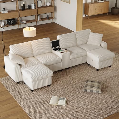 LAKFEW Sofa de 4 Plazas en U con USB C y 2 Reposapiés de Almacenaje, Sofas de Salon 4 Plazas con 2 Portavasos y 2 Cojines, Sofa Modular Rinconera, Couch, Pana, 315x135x81 cm, Beige