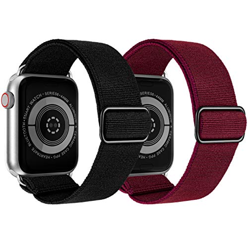 KRISVI Nylon Braided Solo Loop Apple Watch Bands 38mm 40mm, Patterned Adjustable Elastic Apple Watch Bands Women Men, Compatible with iWatch Series 6 5 4 3 2 1 SE(Black & Wine Red 38/40)