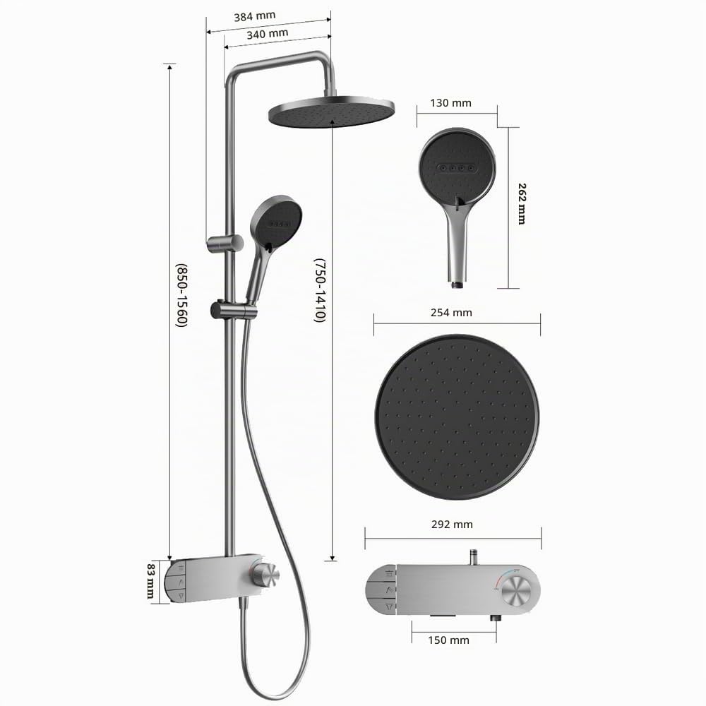 INEX EUROPA Columna de Ducha Negro Gris Titanio Premium Acero Inoxidable 10 Años Garantía - Columna Ducha Redonda Efecto Lluvia 3 Modos de Operación - Torre de Ducha 156cm Negro Gris Titanio