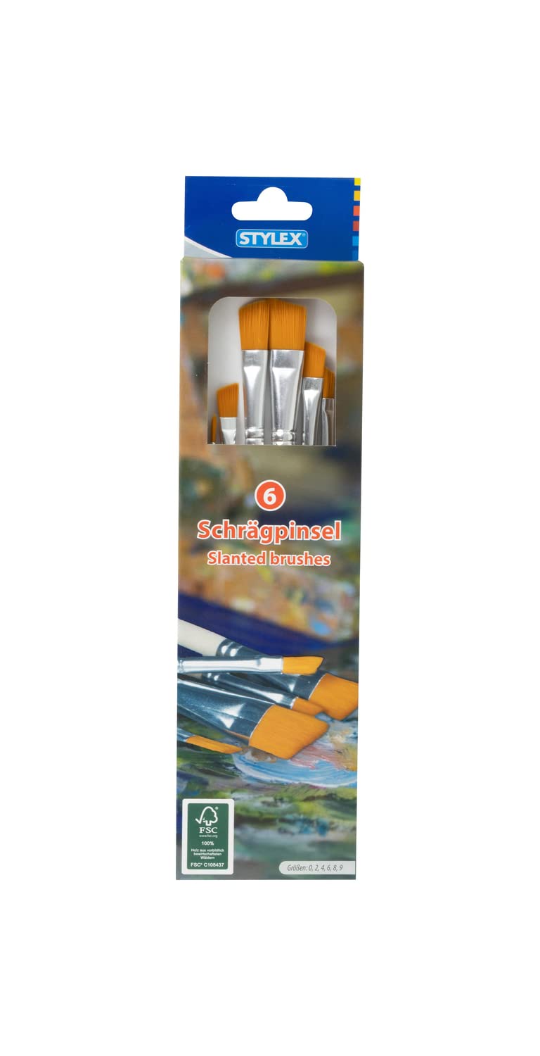 Stylex 35001 - Juego de pinceles angulados con 6 pinceles de cerdas de los tamaños 0, 2, 4, 6, 8, 9, para pintar con pinturas opacas, témperas, acuarelas, óleos y acrílicos
