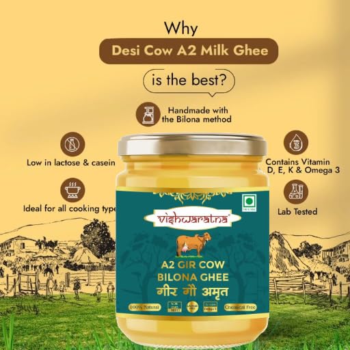 Image of Vishwaratna Premium A2 Gir Cow Cultured Desi Ghee from Braj Farm 250 ml| Vedic Bilona Two Way Churned | Indian Gir Cow Ghee, Pure A2 Ghee, Natural & Healthy, Non-GMO | Lab Certified-Pack of 1