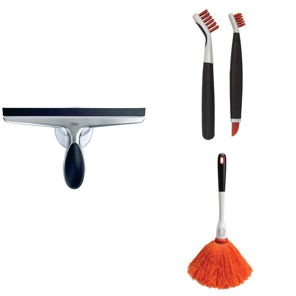 OXOGood Grips Cleaning Essentials Set: Stainless Steel Squeegee, Deep Clean Brushes & Delicate Duster