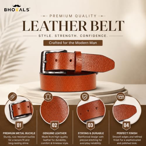 Image of Men's Tan Genuine Leather Belt for Men | Textured Premium Leather Belt with Metal Tang Buckle | Casual, Formal & Office Wear | Adjustable Durable Belt for Jeans.