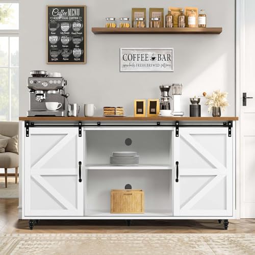 4ever2buy Farmhouse Coffee Bar Cabinet with Storage, 58'' Sideboard Buffet Cabinet with Sliding Barn...