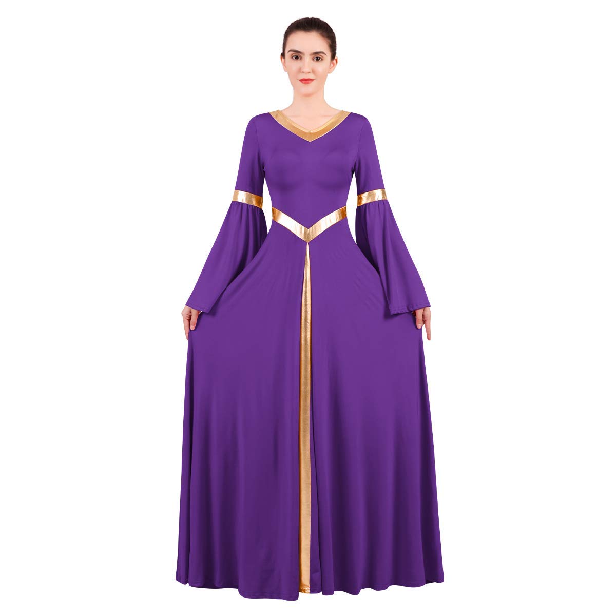 ODASDO Vestidos de baile de alabanza para mujer, ropa de baile litúrgica, color dorado, metálico, ajuste holgado, bata de longitud completa