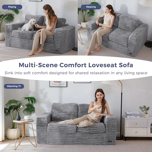 Image of MAXYOYO Loveseat Sofa Couch, Upholstered Bean Bag Chair Cloud Seat for Adults, Boneless Couch with Cushion & Pillows, Sofa in A Box, No Assembly Required, Faux Fur Grey