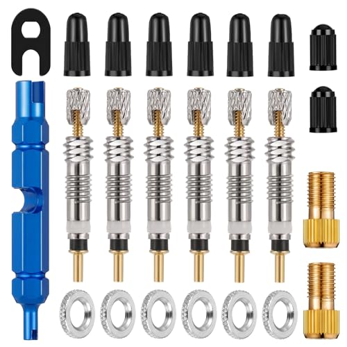 24 Pièces Presta Valve Cores Obus avec Adaptateurs et Clé, Obus de Valve pour Valve Tubeless, Adaptateur Valve Velo, Demonte Obu Valve, Adaptateur pour...