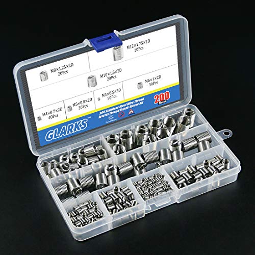 glarks 200pcs wire inserts screws sleeve assortment kit 304 stainless steel metric m3 m4 m5 m6 m8 m10 m12 wire thread inserts helical type coiled wire screw repair sleeve for automotive repairs