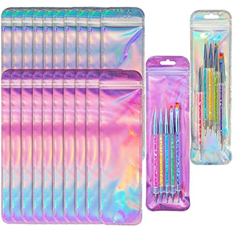 Lokyango 100PCS Holographic Packaging Bag, 2.5x9.4 inch Resealable Packaging Ziplock Bags for Small Business, Pen, Lipgloss, Jewelry, Candy (50pcs holographic + 50pcs holographic rose bag) Cover