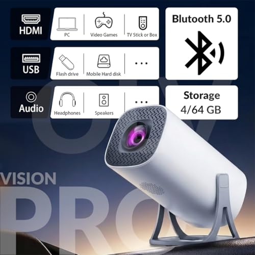 Image of OLV Portable Smart Mini Projector, 4K 1080P Full HD Supports Netflix, Prime and YouTube Etc WiFi 5G, BT-5.0, Cinema Projector 180 Android 14, Compatible with TV Stick /Windows /iOS /Android