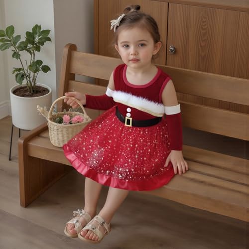 Kids Toddler Baby Girl Christmas Outfit Santa Claus Dress Velvet Stars Sleeveless Tulle Dress Oversleeves Clothes2
