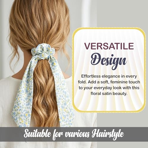 Image of GLUN Satin Bow Scrunchies Set of 3 (1 Pcs Each Design), Silk Hair Scrunchies with Long Ribbon Bows for Women & Girls, Soft Elastic Ponytail Holders, Floral Hair Ties for Daily Wear, Parties & Gifts