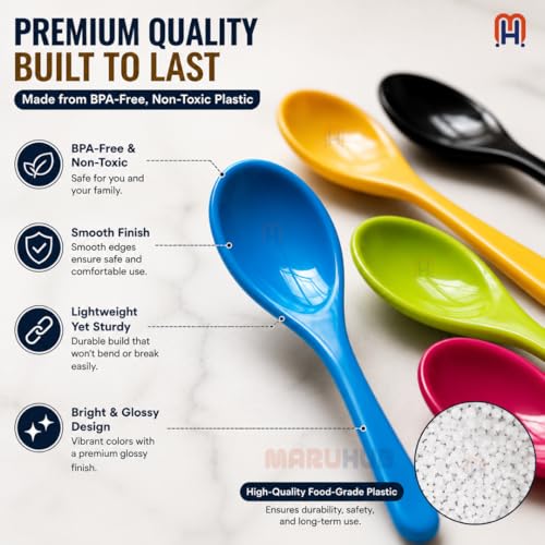 Image of MaruHub 10Pcs Plastic Spoons for Masala Jar, Multicolor Reusable Kitchen Spice Condiment Scoops, Small Baby Food & Candy Spoon Set, Non-Toxic BPA-Free Spoons for Home & Cooking (11 x 2.5 cm)