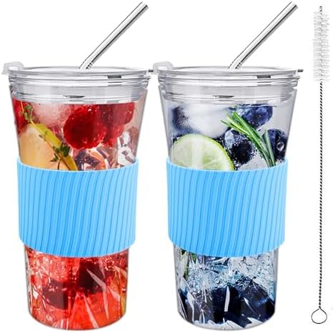2 Pack 16 oz Iced Coffee Cups with Lids & Straw, Reusable Glass Tumbler with Silicone Sleeve, Wide Mouth Can-Shaped Design for Juice, Smoothie, Water (Blue)
