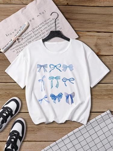 QJQ Girl's Bow Letter Graphic T Shirts Short Sleeve Crewneck Crop Tops Tees Summer Trendy Preppy Cute Clothes4