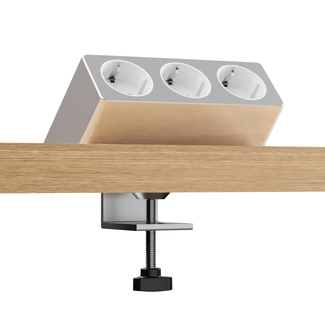 Kalb | Luxor Enchufe de 3 vías, contacto con protección de la UE, cable de 2 m, abrazadera de mesa, montaje bajo mesa, enchufe múltiple, 230 VAC, enchufe de escritorio, montaje flexible, gestión de