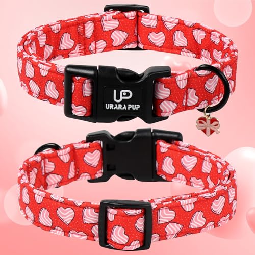 Image of Valentine's Dog Collar, UP URARA PUP Pink Heart in Red Adjustable Pet Collar with Bowknot Charm, Wedding Dog Accessories for Small Medium Large Dogs