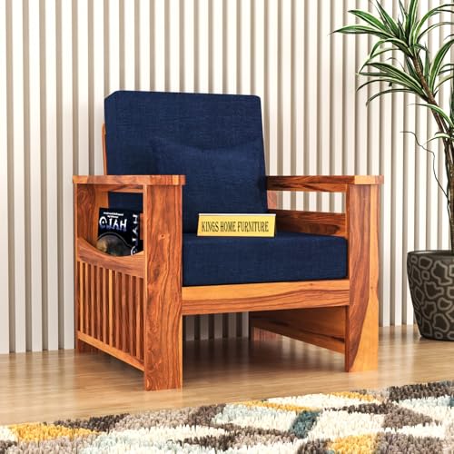 Image of Sheesham Wooden 1 Seater Sofa for Living Room | Rosewood 1 Seater Cushion Sofa Side Half Moon Rack | Solid Wood Sofa Set for Lounge (1 Seater,Honey Finish)