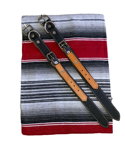 BLACK MOTORCYCLE BELT WITH BLANKET, BLANKET HOLDER, BIKER, MEXICAN,HAND MADE, REAL LEATHER, INCLUDES SARAPE, MOTORCYCLE, BIKE, BIKER, RED AND GRAY BLANKET2