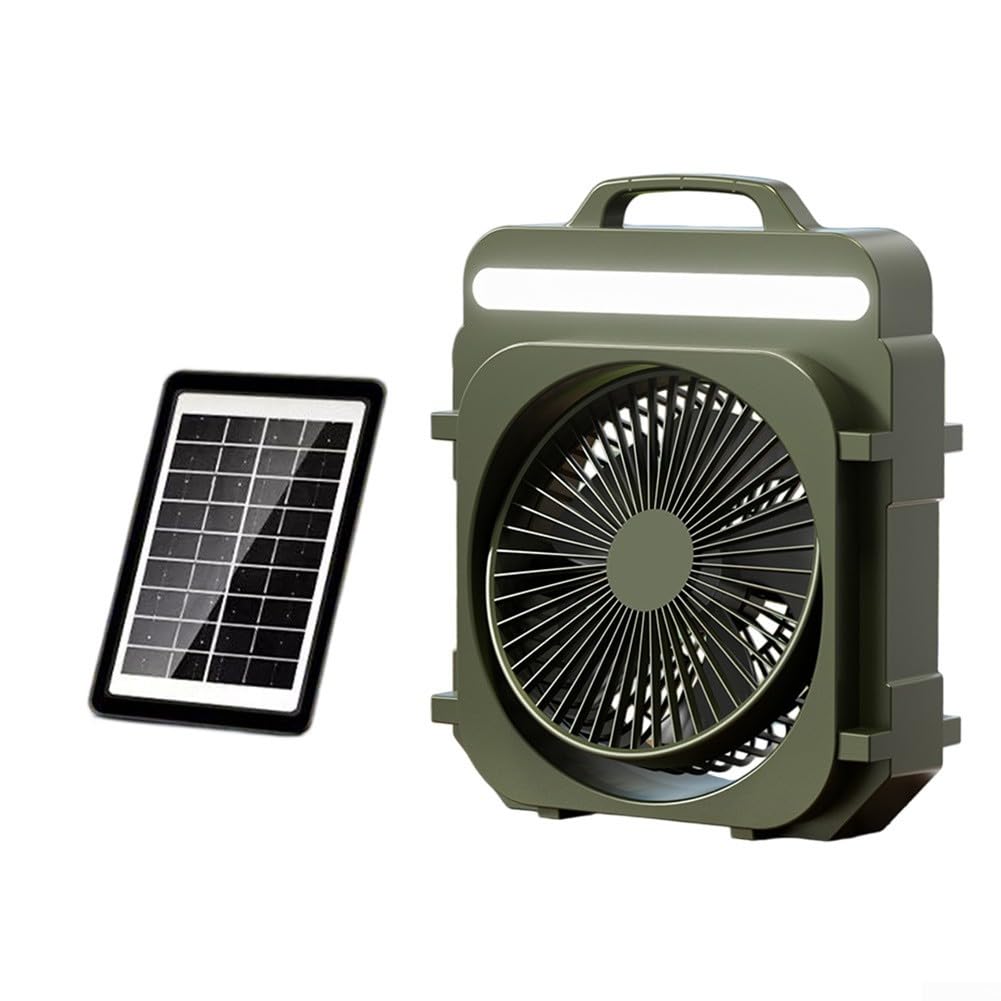 Ventilatore portatile ricaricabile con pannello solare, ventilatore da scrivania a 5 velocità con luce LED e ricarica per campeggio e viaggi, casa, ufficio e uso all'aperto (verde)
