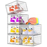 Thickened Clear Shoe Storage Organizer with Magnetic Door, Sturdy Stackable Shoe Boxes for Closet, Collapsible Space-Saving Shoe Rack for Sneakers & Boots, Plastic Shoe Cabinet Box Set, 6 Pack, White