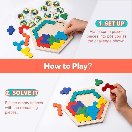 BUNDLEPRO Wooden Sorting Stacking Montessori Toys, Recognition Blocks Matching Puzzle Stacker Geometric Board Early Educational Puzzles (Wooden Hexagon Puzzle) 4