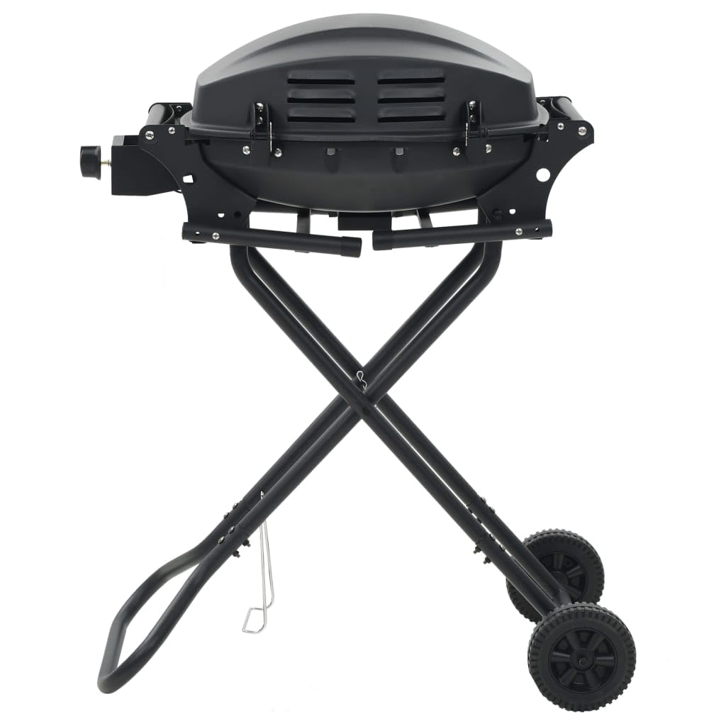 Barbacoa de gas portátil con zona de cocción de 4,2 kW, barbacoa plegable para jardín, balcón y terraza, acero recubierto de polvo con ruedas, color negro