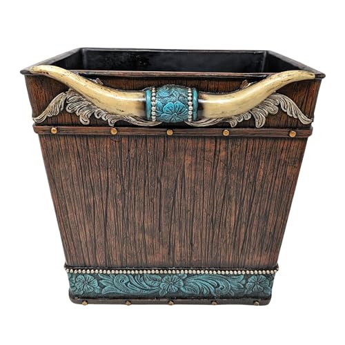 Image of BestGiftEver Rustic Decorative Storage Bin | Southwestern Tooled Leather-Designed Wastebasket with Faux Horns | Unique Trash Bin Ideal for Native American Themed Enthusiasts