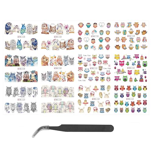 CAIRIAC Owl Nail Art Stickers Self-Adhesive Decals for Women Girls Gift - Cute Owls Nail Wrap Accessories Water Transfer Decals (12 Sheets)
