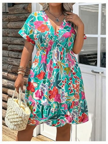 Image of Floerns Women's Plus Size Summer Vacation Wrap V Neck Short Sleeve Ruffle Hem A Line Hawaiian Short Dress