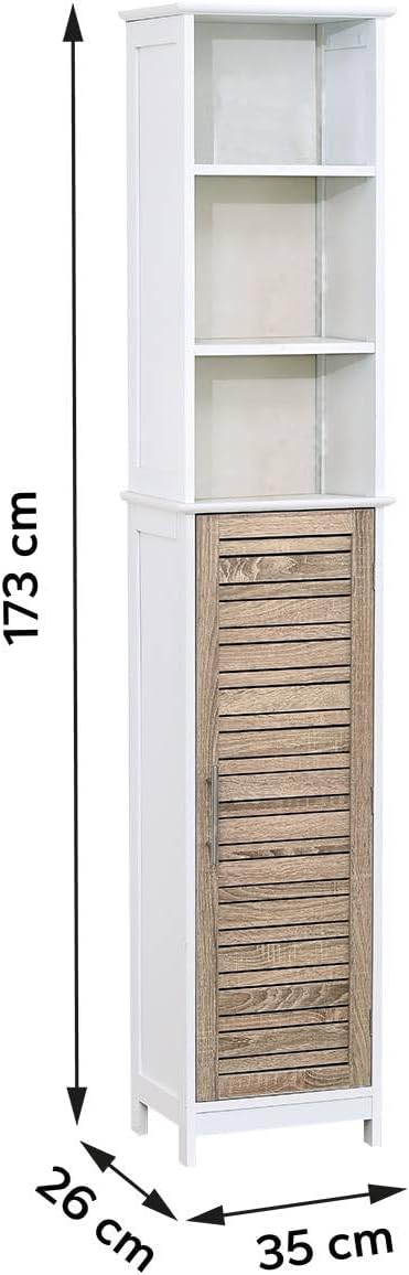 TENDANCE Tall Bathroom Storage Cabinet with Open Shelves and Vented Door, Slim Linen Cabinet for Compact Bathroom Organization, White and Oak Finish - Stockholm Collection