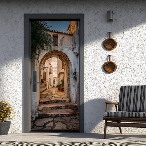 Espagne Ville Stickers de Porte Arche Sticker Porte 77x200 cm, Ruelle Porte Trompe L'oeil Amovible Imperméabl Chambre Cuisine Bain Salle