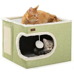Cat Bed for Indoor Cats Cube House, Covered Cat Cave Beds & Furniture with Scratch Pad and Hideaway Tent, Cute Modern Cat Condo for Multi Small Pet Large Kitten Kitty, Green