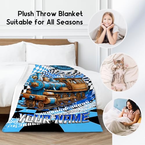 Kids Blanket, Train Blanket for Boys, Personalized Name Gifts for Child, Custom Cozy Flannel Car Throw for Bedroom & Living Room, 60"x80"