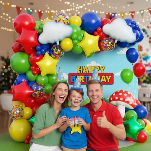 Image of Red Blue Green Yellow Balloon Arch Garland Kit 172pcs with Cloud Mushroom Star Balloons, Video Game Balloon Arch Kit for Gamer Birthday Cartoon Video Game Bros Party Decorations