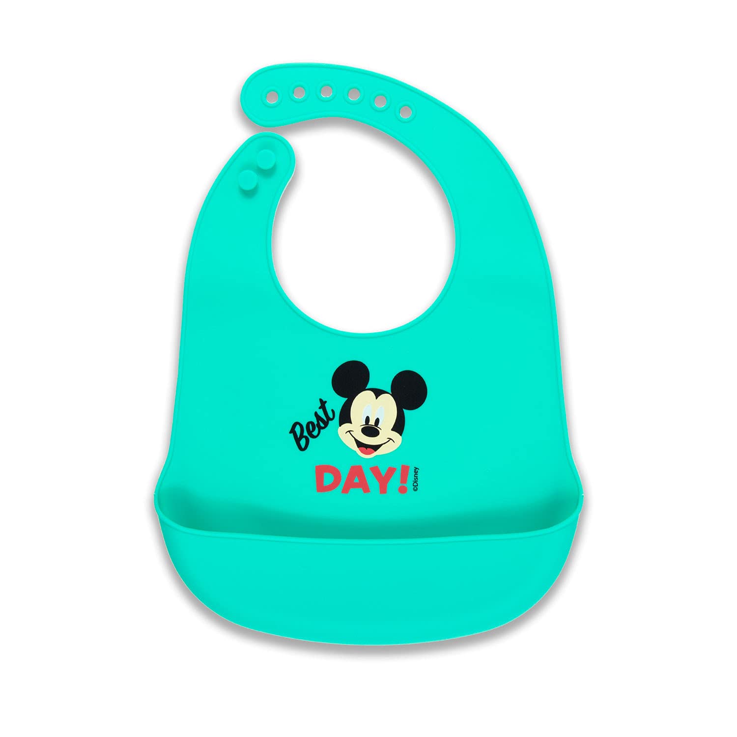 Mickey Mouse Silicone Baby Bib Super Soft, Easy Clean, Wide Food Catcher And Leak Proof 6 Adjustable Sizes - Age: 6 24 Months (Official Disney Product)