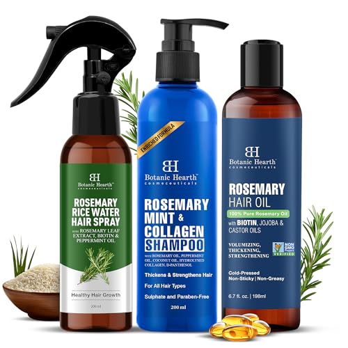 Image of Botanic Hearth Hair Care Trio |Rosemary oil for hair, Mint Shampoo & Rice Water hair Spray | Hair Growth, Hair Fall Control, Dandruff Care, Scalp Nourishment & Strengthening | Sulfate & Paraben-Free