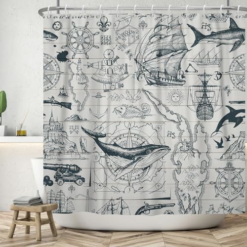 ASDCXZ Maritim Duschvorhang 180x200 cm, Maritim Nautische Tagebuch Segelboot Anker Kompass Meerestiere Waschbar Bad Duschvorhänge Polyester Textil Wasserdicht Duschvorhang für Badewanne mit 12 Haken