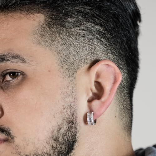 Brilliant Cubic Zirconia Iced CZ Huggie Trendy Hypoallergenic Chunky White Gold Plated 925 Sterling Silver Thick Baguette Hoop Earrings Fine Jewelry Birthday Gifts For Men And Women3