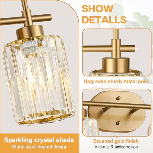 Image of Modern Crystal Bathroom Vanity Light, 2-Light Brushed Gold Bathroom Light Fixtures with Clear Shades, Vanity Lighting Fixtures Over Mirror (Exclude Bulb)