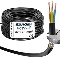 EBROM Kunststoff Schlauchleitung RUND, Kabel, Stromkabel, Leitung, Gerätekabel H03VV-F 3x0,75 mm² Farbe: schwarz, viele Längen in 5 Meter Schritten bis 200 Meter 3G0,75 mm2, Ihre Kabellänge: 15 Meter