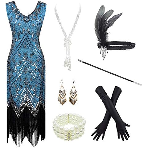 FUNDAISY 1920s Gatsby Sequin Fringed Paisley Flapper Dress with 20s Accessories Set (L, Style03-Lake Blue) Cover