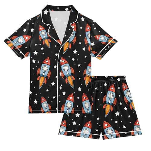 ALAZA Cartoon Spaceship Star Pajamas Satin Pajama Set Short Sleeve Button Down Sleepwear