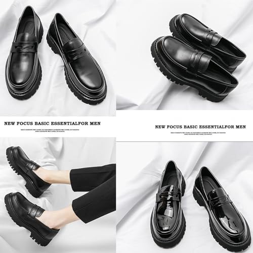 Men's Black Leather Platform Chunky Slip-On Penny Loafers Classic Round Toe Lug Sole Fashion Business Casual Formal Work Shoes4
