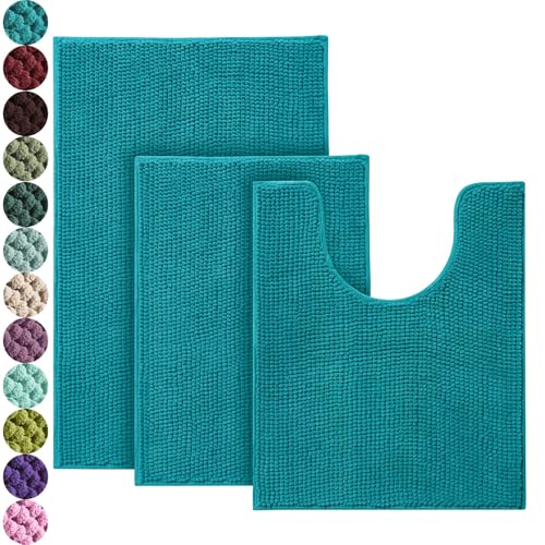Urvoix Bathroom Rugs Sets 3 Piece Chenille Bathroom Rug Non-Slip Bath Rug Ultra Soft Washable Super Absorbent Bath Mats for Bathroom Toilet and Tub (Turquoise Blue)