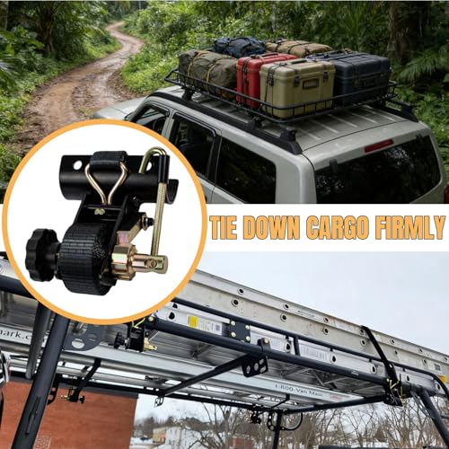 Image of Ladder Rack Ratchet Straps - 2 inch Black Round Tube Mount - (4 Pack) Heavy Duty 500lbs Load Capacity, 1.5 inchW x 7.5'L Locking Strap with Double J-Hooks for UTV,ATV,Truck,Cargo Van,Security Tie Down Straps